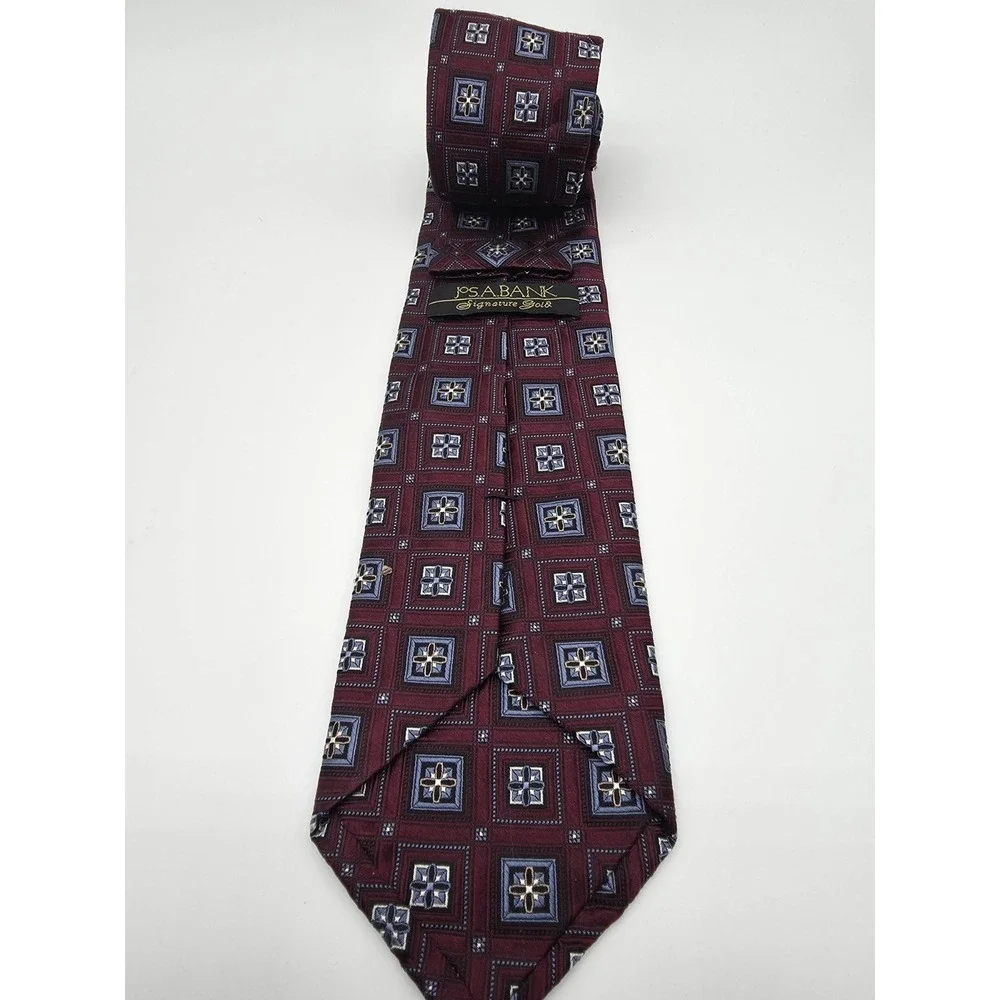 VTG Joseph A Bank USA Handmade Silk Tie Burgundy Geometric Jacquard 3.75